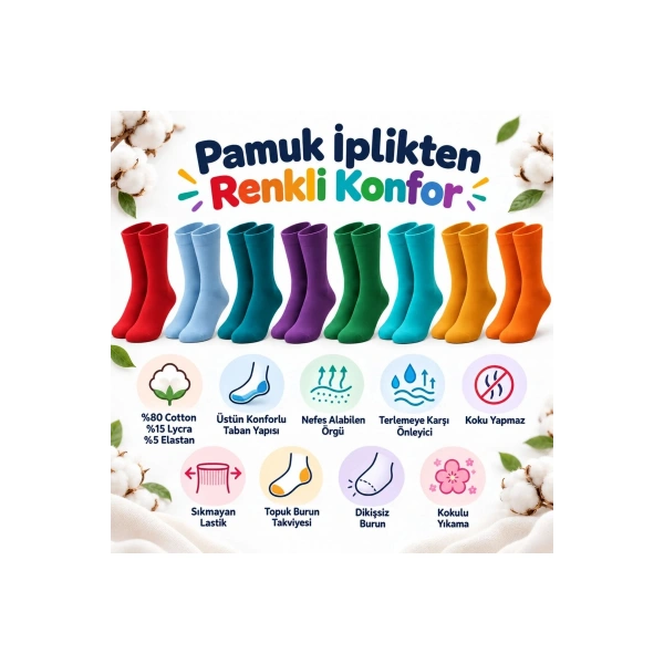 Unisex Renkli Çorap 8li Set Günlük Rahat Esnek Uzun Soket Çorap Canlı Renkler Yumuşak Konforlu Seti