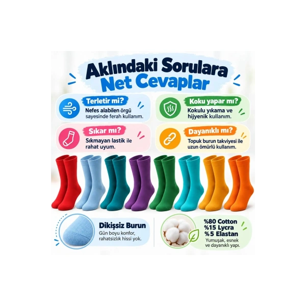 Unisex Renkli Çorap 8li Set Günlük Rahat Esnek Uzun Soket Çorap Canlı Renkler Yumuşak Konforlu Seti