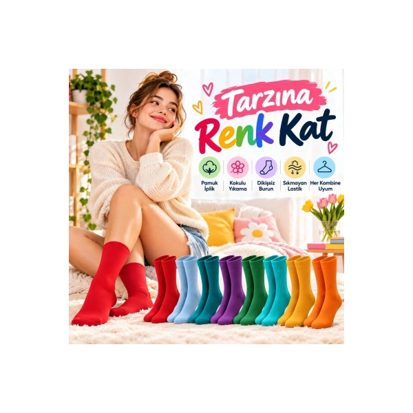 Unisex Renkli Çorap 8li Set Günlük Rahat Esnek Uzun Soket Çorap Canlı Renkler Yumuşak Konforlu Seti