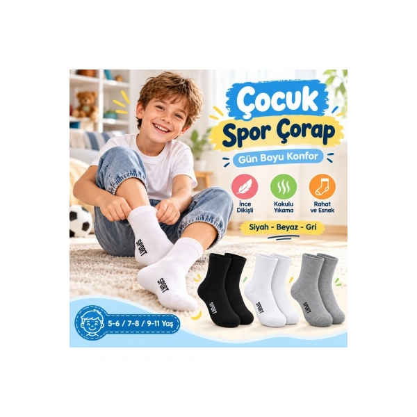 Çocuk Spor Çorap 6lı Set Siyah Beyaz Gri İnce Dikişli Kokulu Yıkama Yumuşak Esnek Günlük Çorap Seti