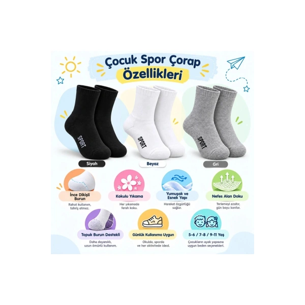 Çocuk Spor Çorap 6lı Set Siyah Beyaz Gri İnce Dikişli Kokulu Yıkama Yumuşak Esnek Günlük Çorap Seti