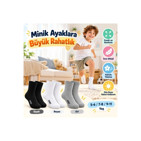 Çocuk Spor Çorap 6lı Set Siyah Beyaz Gri İnce Dikişli Kokulu Yıkama Yumuşak Esnek Günlük Çorap Seti
