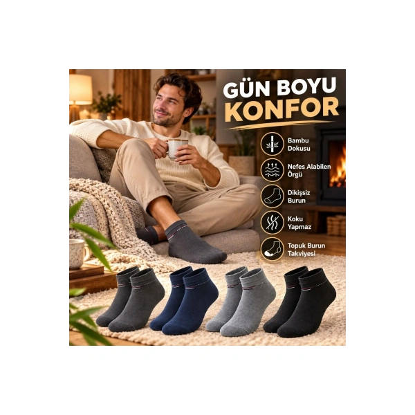 Erkek Bambu Patik Çorap 8li Set Yumuşak Dikişsiz Nefes Alan Sıkmayan Lastikli Günlük Rahat Çorap
