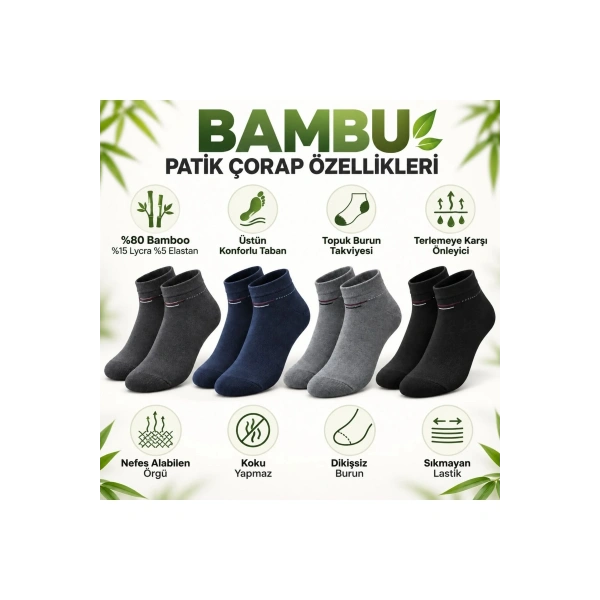 Erkek Bambu Patik Çorap 8li Set Yumuşak Dikişsiz Nefes Alan Sıkmayan Lastikli Günlük Rahat Çorap