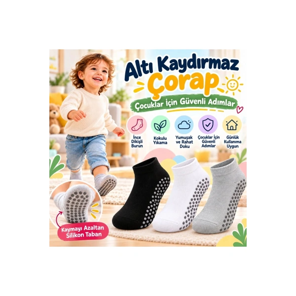 Çocuk Kaydırmaz Tabanlı Patik Çorap 3lü Set Siyah Beyaz Gri Yumuşak Esnek Kokulu Günlük Çorap Rahat