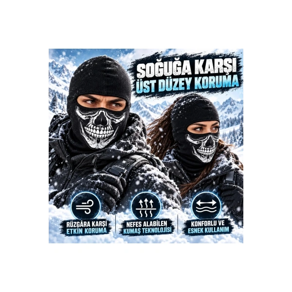 Unisex Kurukafa Desenli Balaklava Kışlık Tam Yüz Maske Nefes Alan Esnek Kask Altı Boyunluk Siyah Set