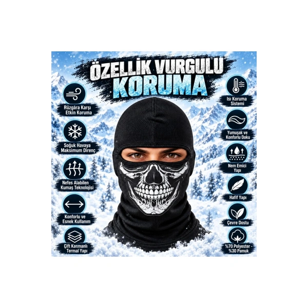 Unisex Kurukafa Desenli Balaklava Kışlık Tam Yüz Maske Nefes Alan Esnek Kask Altı Boyunluk Siyah Set