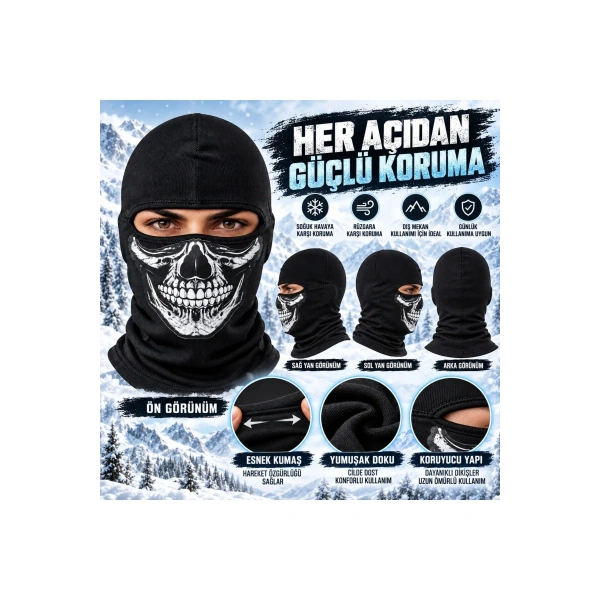Unisex Kurukafa Desenli Balaklava Kışlık Tam Yüz Maske Nefes Alan Esnek Kask Altı Boyunluk Siyah Set