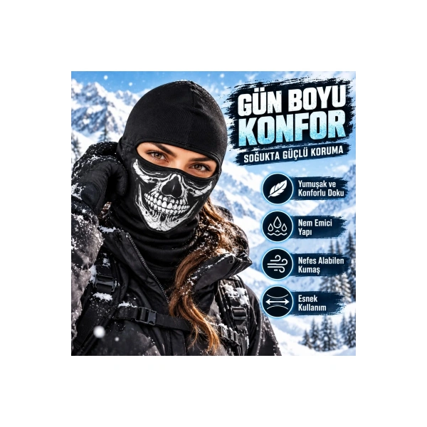 Unisex Kurukafa Desenli Balaklava Kışlık Tam Yüz Maske Nefes Alan Esnek Kask Altı Boyunluk Siyah Set