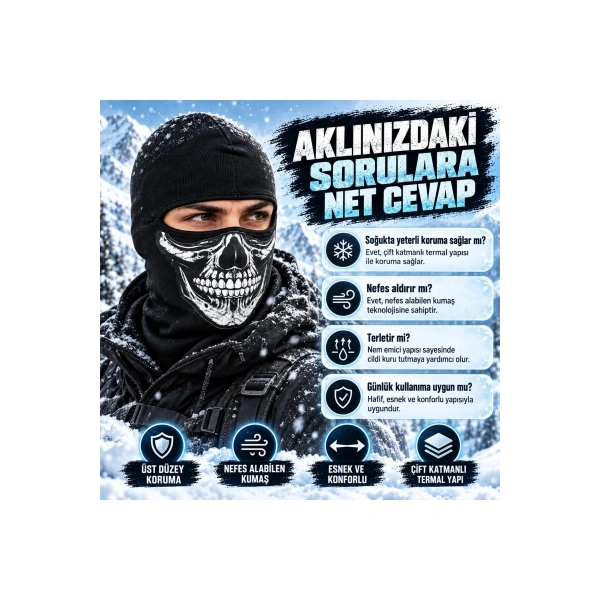 Unisex Kurukafa Desenli Balaklava Kışlık Tam Yüz Maske Nefes Alan Esnek Kask Altı Boyunluk Siyah Set