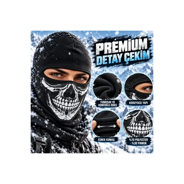 Unisex Kurukafa Desenli Balaklava Kışlık Tam Yüz Maske Nefes Alan Esnek Kask Altı Boyunluk Siyah Set