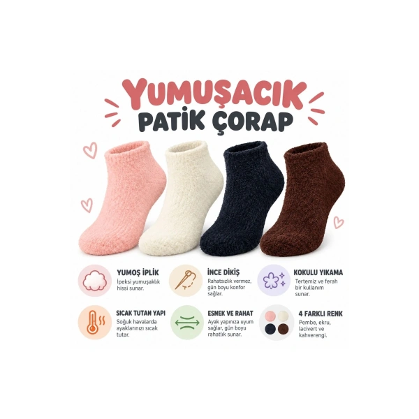 Kadın Yumoş Patik Çorap 8li Set Peluş Sıcak Tutan Kışlık Ev Çorabı Yumuşak Rahat 4 Renk Hediye Seti
