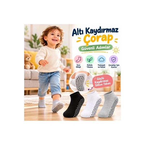 Çocuk Kaydırmaz Tabanlı Patik Çorap 6lı Set Siyah Beyaz Gri Yumuşak Esnek Kokulu Günlük Çorap Rahat