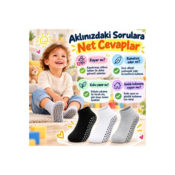 Çocuk Kaydırmaz Tabanlı Patik Çorap 6lı Set Siyah Beyaz Gri Yumuşak Esnek Kokulu Günlük Çorap Rahat