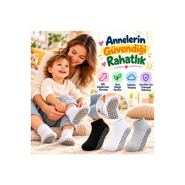 Çocuk Kaydırmaz Tabanlı Patik Çorap 6lı Set Siyah Beyaz Gri Yumuşak Esnek Kokulu Günlük Çorap Rahat