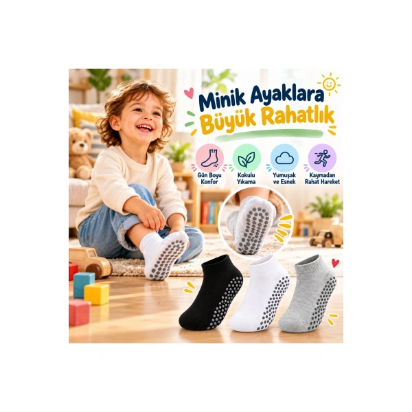 Çocuk Kaydırmaz Tabanlı Patik Çorap 6lı Set Siyah Beyaz Gri Yumuşak Esnek Kokulu Günlük Çorap Rahat