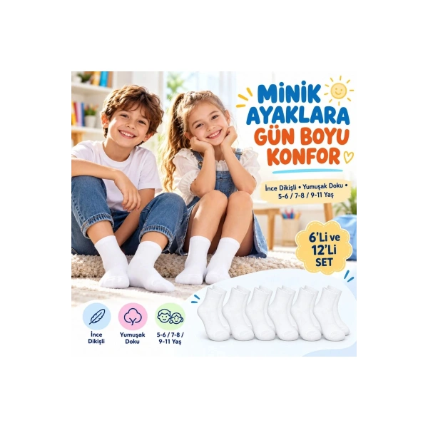 Çocuk Beyaz Çorap 6lı Set İnce Dikişli Yumuşak Nefes Alabilen Okul Günlük Rahat Çorap 5-11 Yaş Seti