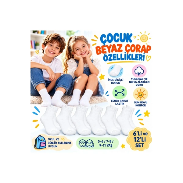 Çocuk Beyaz Çorap 6lı Set İnce Dikişli Yumuşak Nefes Alabilen Okul Günlük Rahat Çorap 5-11 Yaş Seti