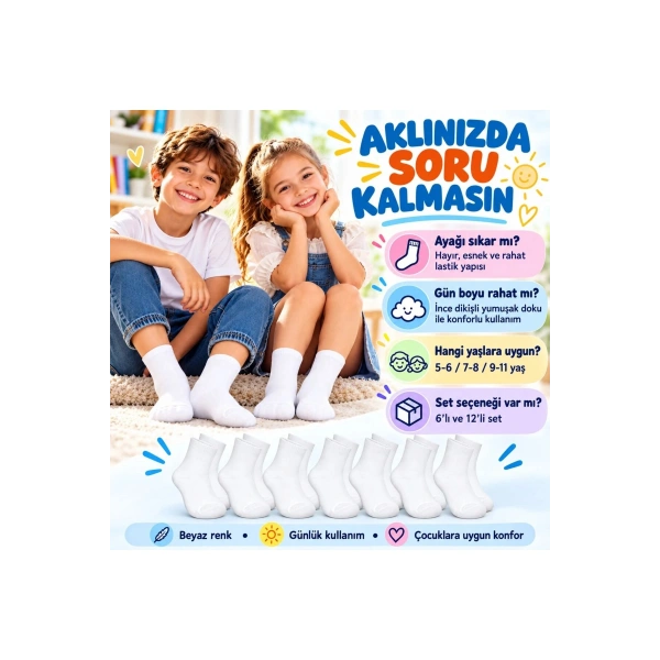 Çocuk Beyaz Çorap 6lı Set İnce Dikişli Yumuşak Nefes Alabilen Okul Günlük Rahat Çorap 5-11 Yaş Seti