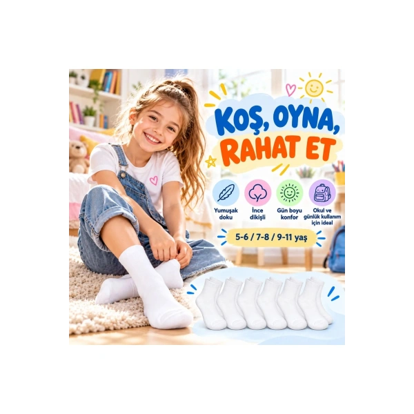 Çocuk Beyaz Çorap 6lı Set İnce Dikişli Yumuşak Nefes Alabilen Okul Günlük Rahat Çorap 5-11 Yaş Seti