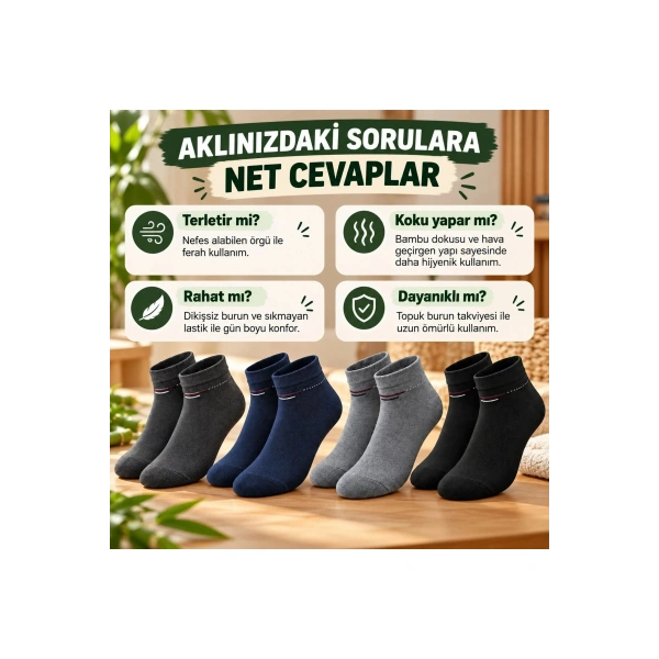 Erkek Bambu Patik Çorap 4lü Set Yumuşak Dikişsiz Nefes Alan Sıkmayan Lastikli Günlük Rahat Çorap