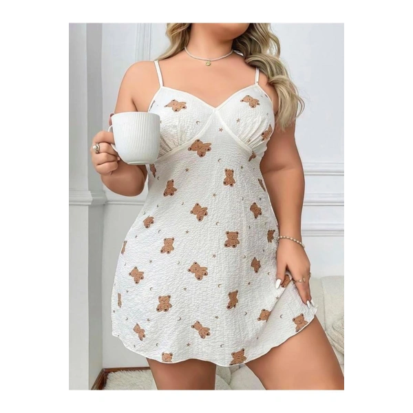 Büyük Beden Ayıcık Desenli İnce Askılı Mini Gecelik - SSSSSS6523-6193