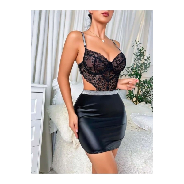 Siyah Dantelli Dekolteli Mini Fantezi Parlak Deri Gecelik - SSSSSS4686-6956