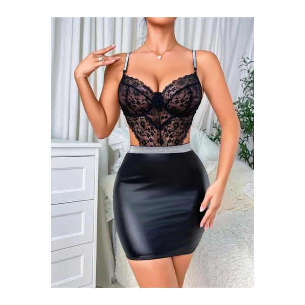 Siyah Dantelli Dekolteli Mini Fantezi Parlak Deri Gecelik - SSSSSS4686-6956