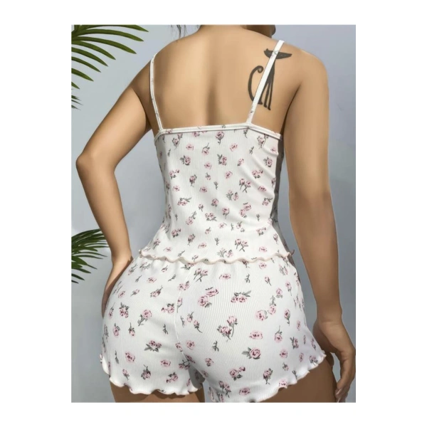 Pamuklu Beyaz Üstüne Çiçek Desen Fitilli Askılı Şortlu Pijama Takımı - SSSSSS3216-7100