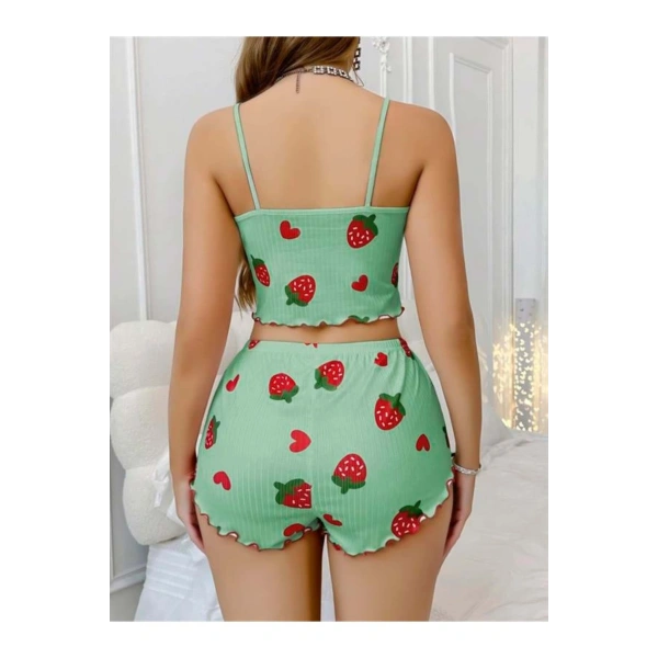 Pamuklu Yeşil Üstüne Çilek Desen Fitilli Askılı Şortlu Pijama Takımı - SSSSSS3418-9085
