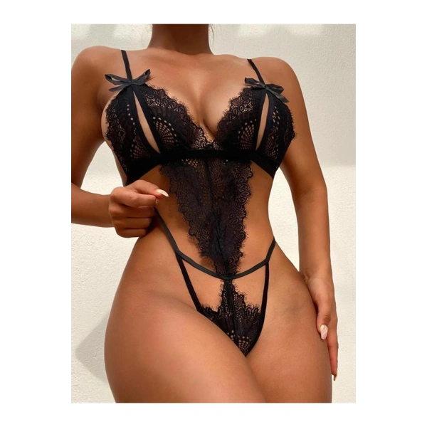 Fiyonklu Dantelli Siyah Fantezi Body - SSSSSS4258-3539