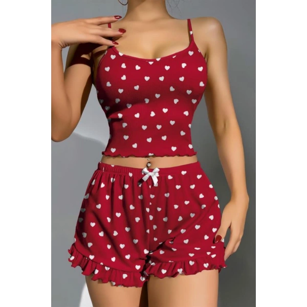 Pamuklu Kırmızı Üstüne Beyaz Kalp Desen Fitilli Askılı Şortlu Pijama Takım? - SSSSSS2807-8