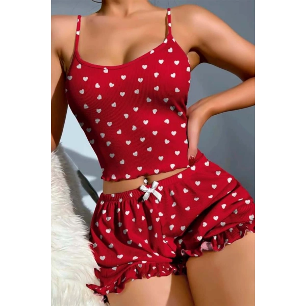 Pamuklu Kırmızı Üstüne Beyaz Kalp Desen Fitilli Askılı Şortlu Pijama Takım? - SSSSSS2807-8