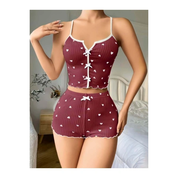 Pamuklu Kahverengi Üstüne Beyaz Kalp Desen Fitilli Askılı Şortlu Pijama Takım? - SSSSSS5350-2