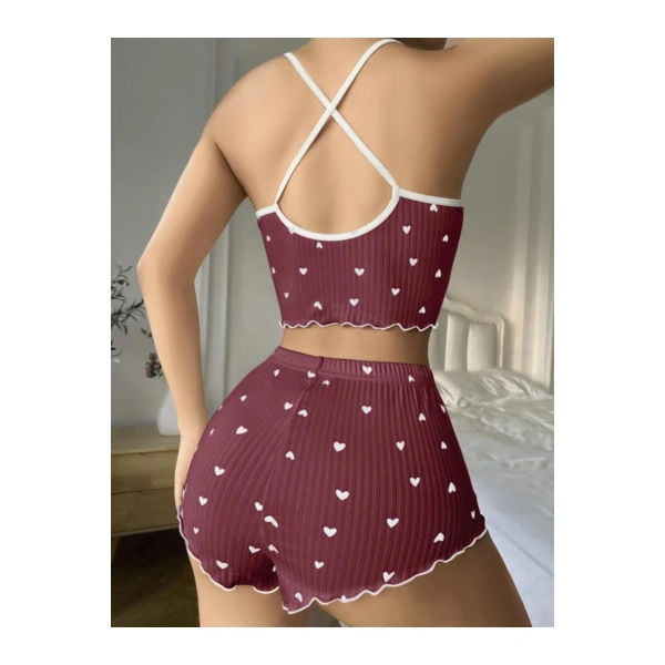 Pamuklu Kahverengi Üstüne Beyaz Kalp Desen Fitilli Askılı Şortlu Pijama Takım? - SSSSSS5350-2