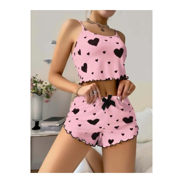 Pamuklu Pembe Üstüne Siyah Kalp Desenli Askılı Fitilli Şortlu Pijama Takımı - SSSSSS6962-181