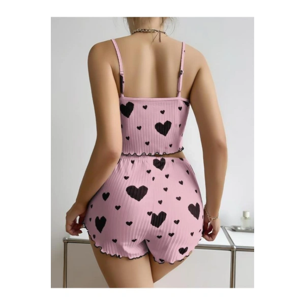 Pamuklu Pembe Üstüne Siyah Kalp Desenli Askılı Fitilli Şortlu Pijama Takımı - SSSSSS6962-181