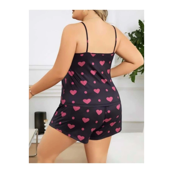 Büyük Beden Siyah Kalp Desen İnce Askılı Pamuklu Şortlu Pijama Takımı - SSSSSS2565-2081