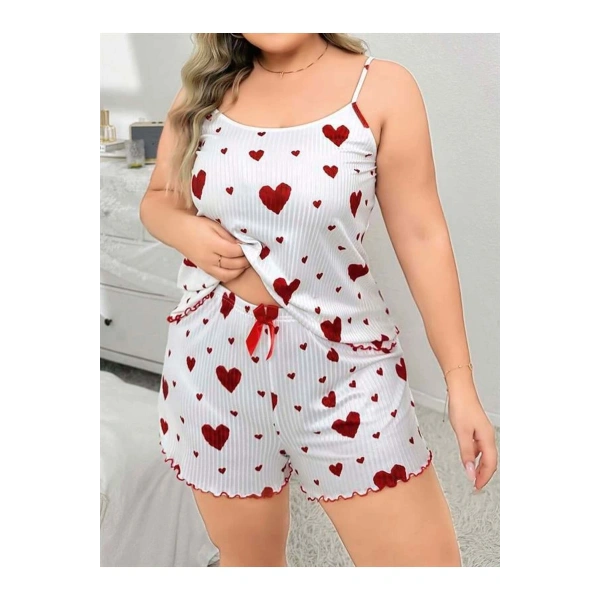 Büyük Beden Kalp Desen Pamuklu Şortlu Pijama Takımı - SSSSSS5876-6858