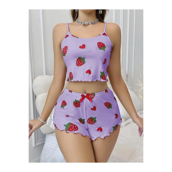 Pamuklu Lila Üstüne Çilek Desen Fitilli Askılı Şortlu Pijama Takımı - SSSSSS5463-8335