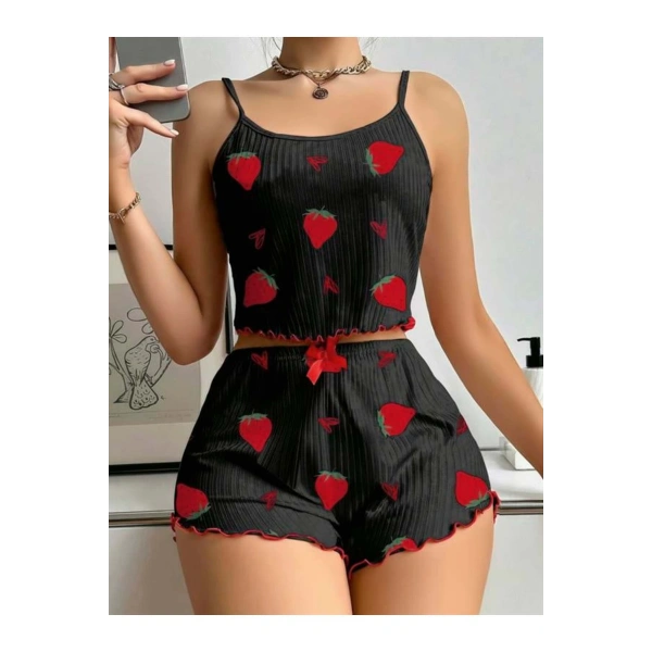 Pamuklu Siyah Üstüne Çilek Desen Fitilli Askılı Şortlu Pijama Takımı - SSSSSS6359-9212