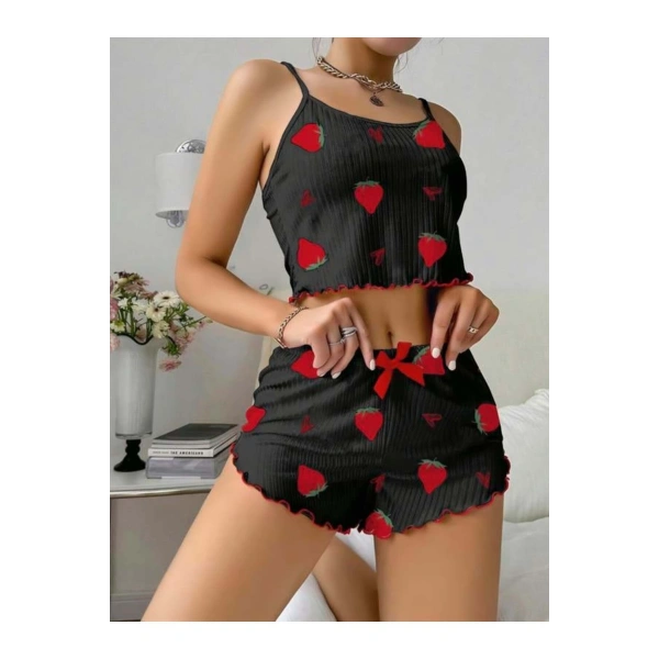 Pamuklu Siyah Üstüne Çilek Desen Fitilli Askılı Şortlu Pijama Takımı - SSSSSS6359-9212