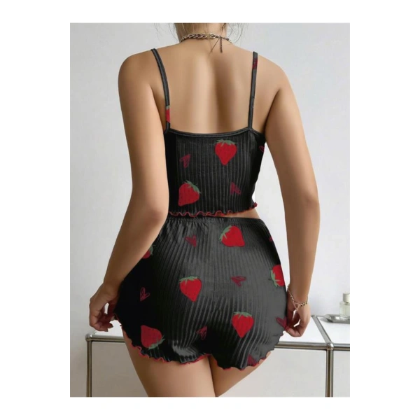 Pamuklu Siyah Üstüne Çilek Desen Fitilli Askılı Şortlu Pijama Takımı - SSSSSS6359-9212