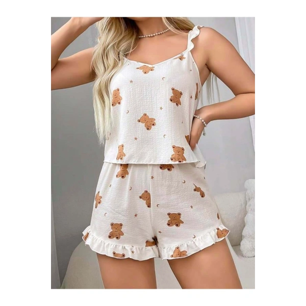 Pamuklu Ayıcık Desen Fırfırlı Askılı Şortlu Pijama Takımı - SSSSSS4909-8999
