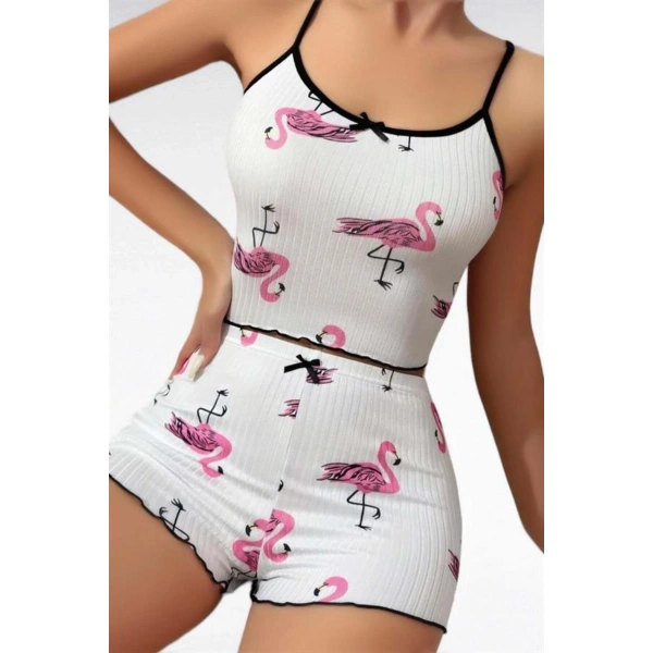 Pamuklu Beyaz Üstüne Pelikan Desen Fitilli Askılı Şortlu Pijama Takımı - SSSSSS5098-4897