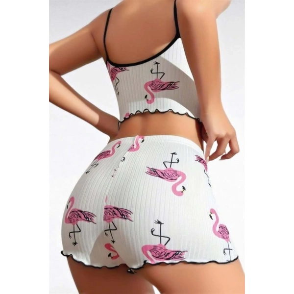 Pamuklu Beyaz Üstüne Pelikan Desen Fitilli Askılı Şortlu Pijama Takımı - SSSSSS5098-4897