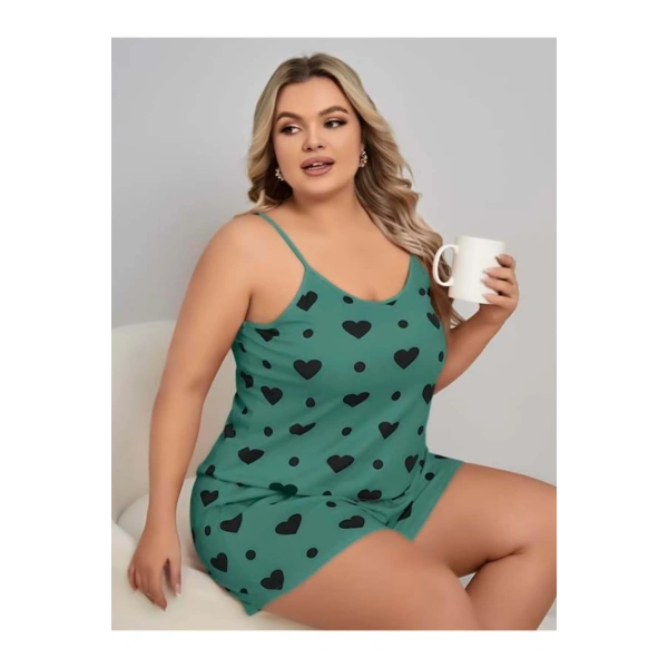 Büyük Beden Yeşil Kalp Desen Pamuklu Şortlu Pijama Takımı - SSSSSS9904-3959