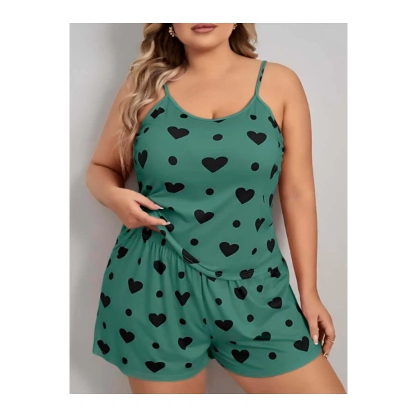 Büyük Beden Yeşil Kalp Desen Pamuklu Şortlu Pijama Takımı - SSSSSS9904-3959