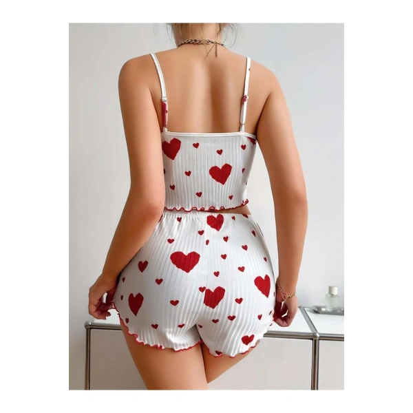 Pamuklu Beyaz Üstüne Kırmızı Kalp Desenli Askılı Şortlu Pijama Takımı - SSSSSS6052-9792