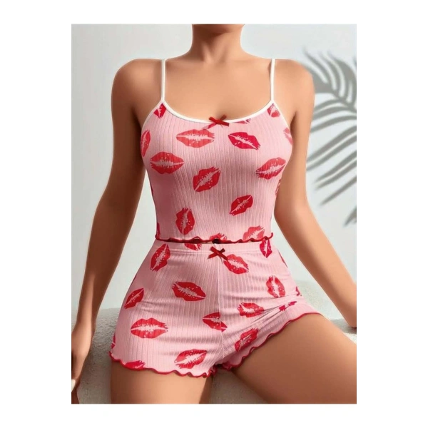Pamuklu Kiss Öpücük Desen Pembe Şortlu Pijama Takımı - SSSSSS2796-6258